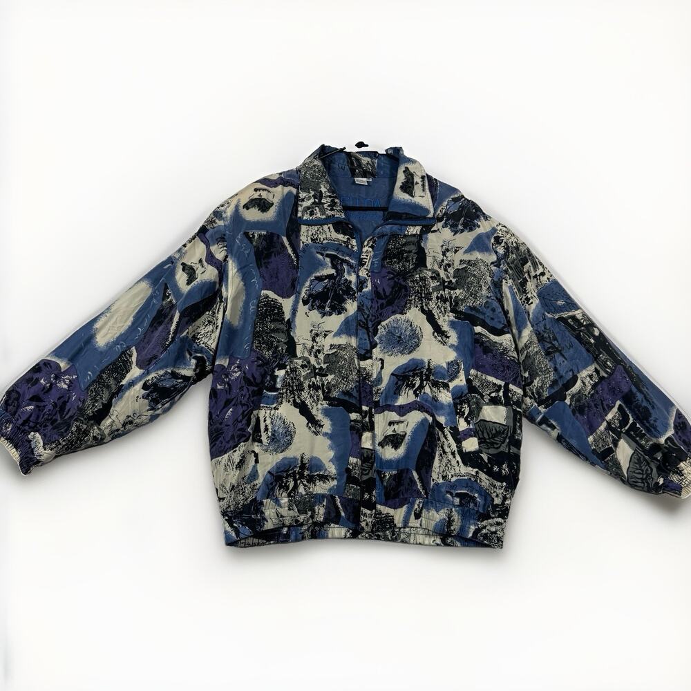 VTG 90s Fuda International Silk Bomber Jacket XL Blue Abstract Print YKK